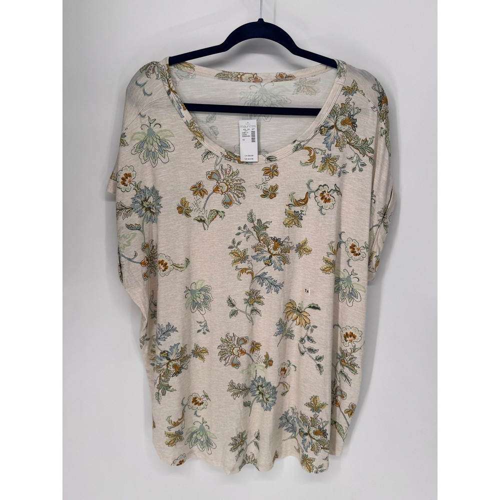 Maurices Top Womens 1X Cream NWT Floral 24/7 Slub Knit Scoop Neck Short Sleeve